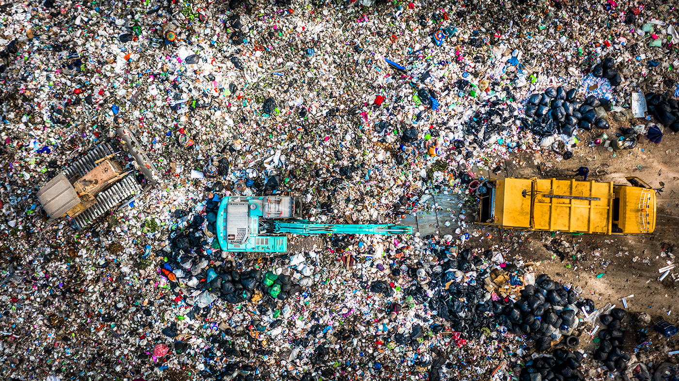 Garbage pile  in trash dump or landfill, Aerial view garbage tru